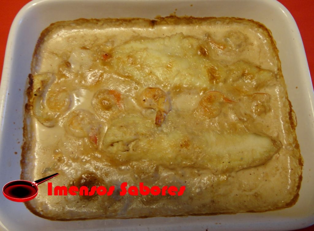 Pescada com mostarda e camarões