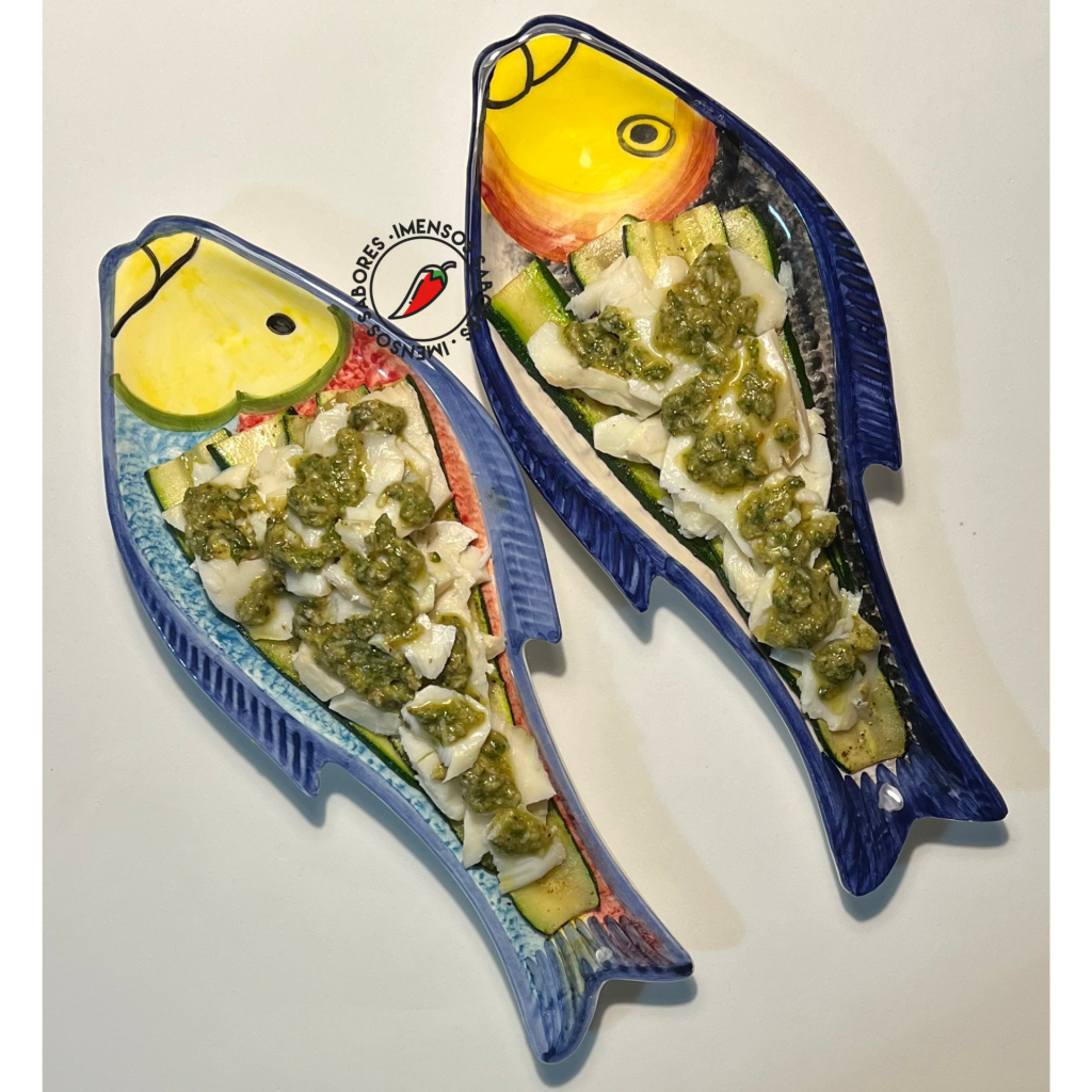 Bacalhau com abobrinha (courgette) e pesto de manjericão