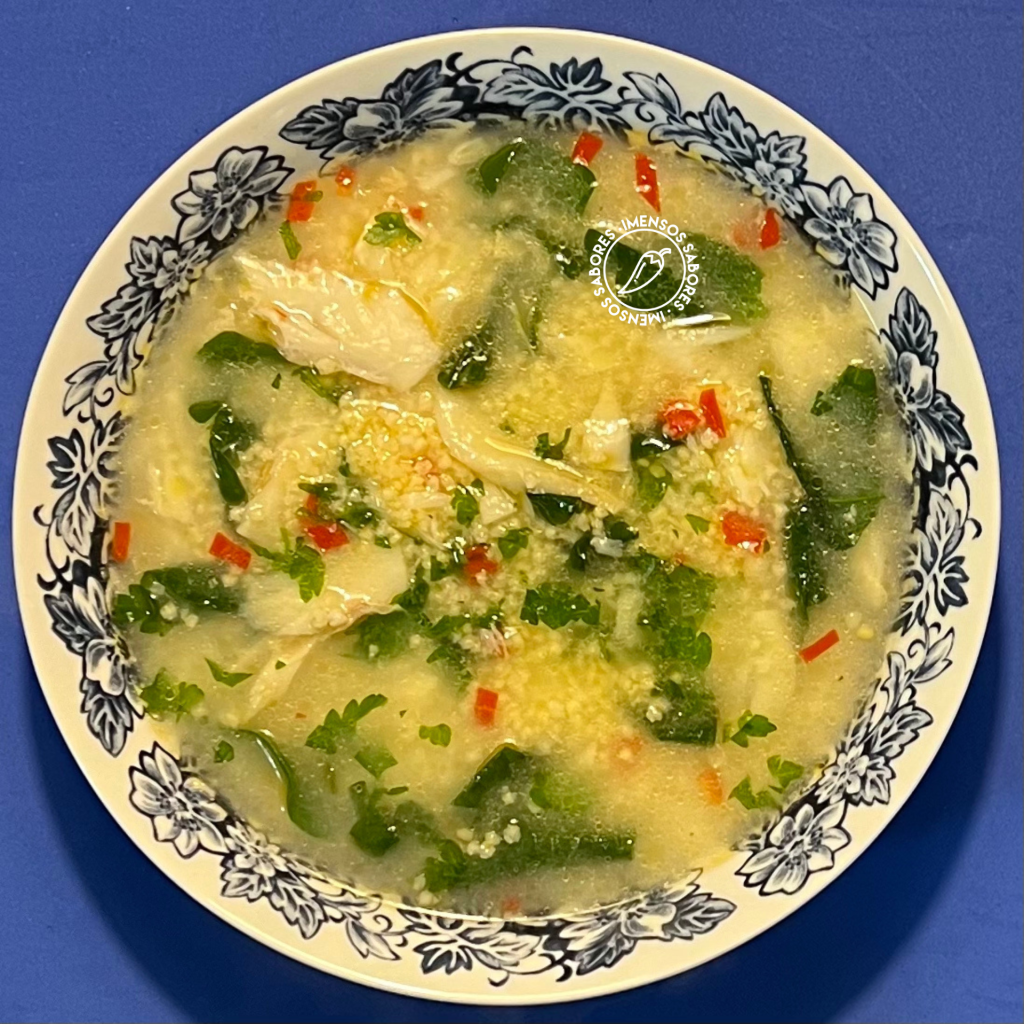Sopa de millet (milho de painço) com bacalhau e espinafre
